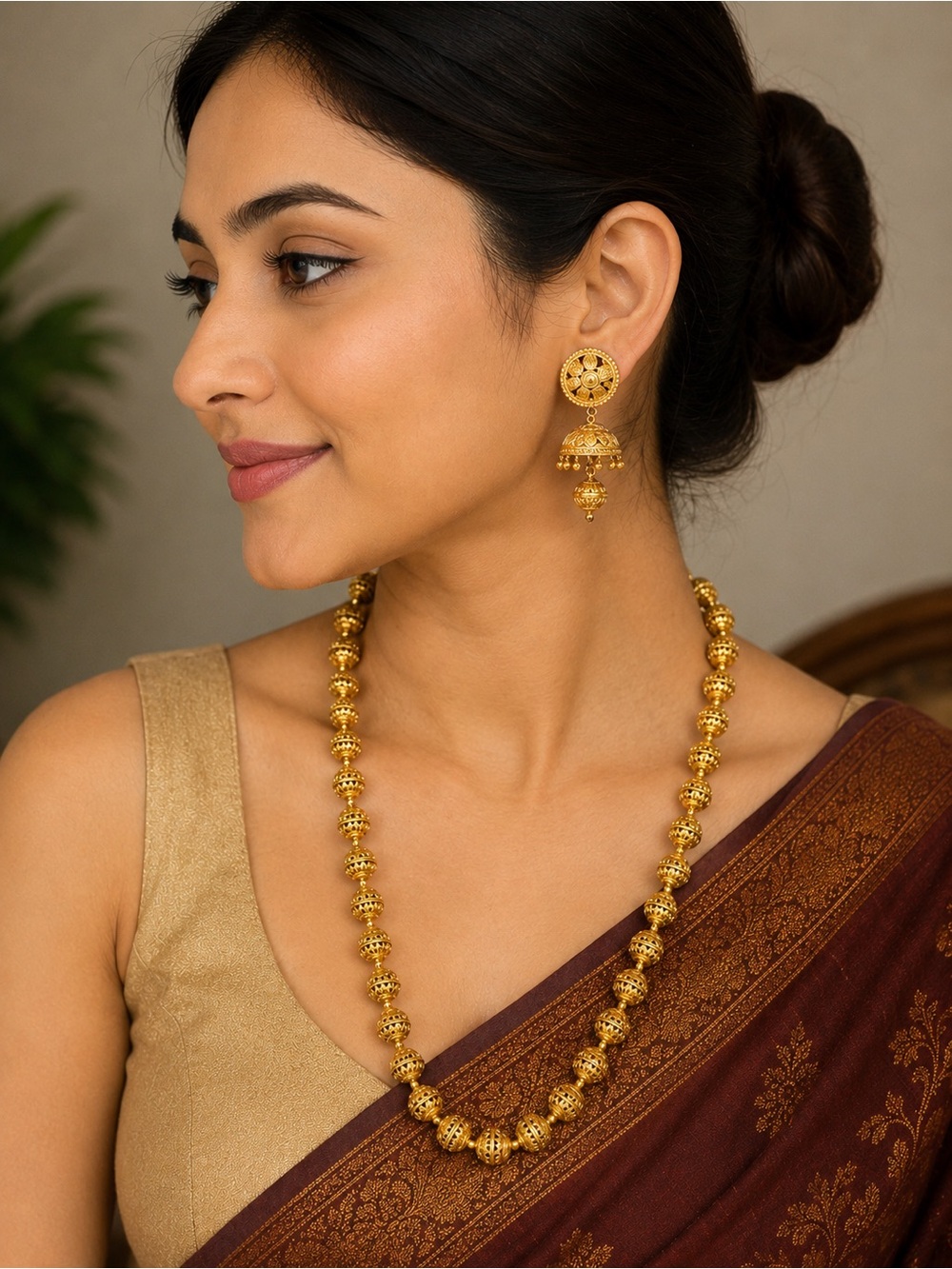Gold Beaded Traditional Necklace with Jhumka Earrings